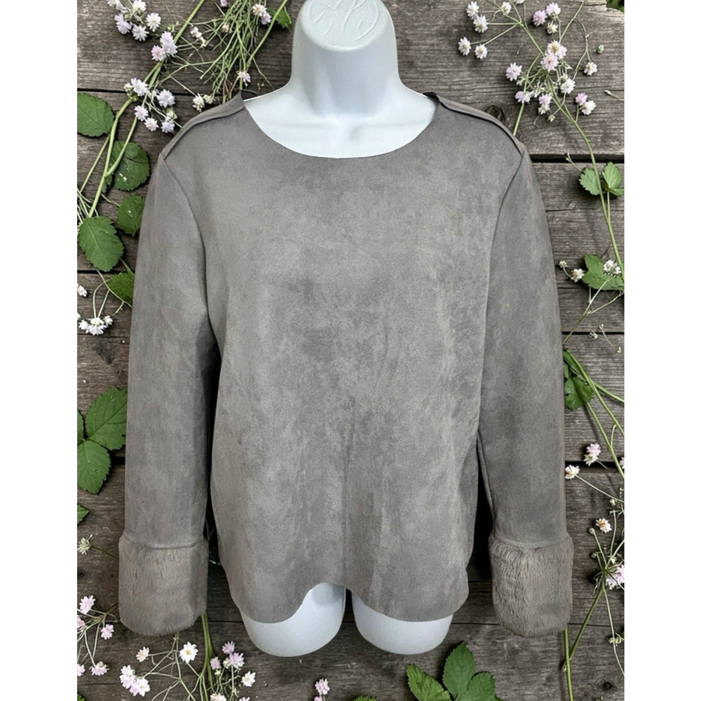 Esley Gray Faux Suede Blouse Sz Small Long-Sleeve Faux Fur Cuffs Fashion Top